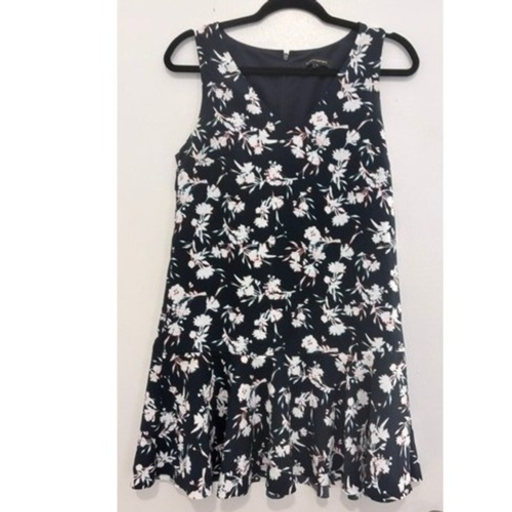 Banana Republic Womens Navy Blue Floral V-Neck Ruffle Hem Shift Dress Size 0